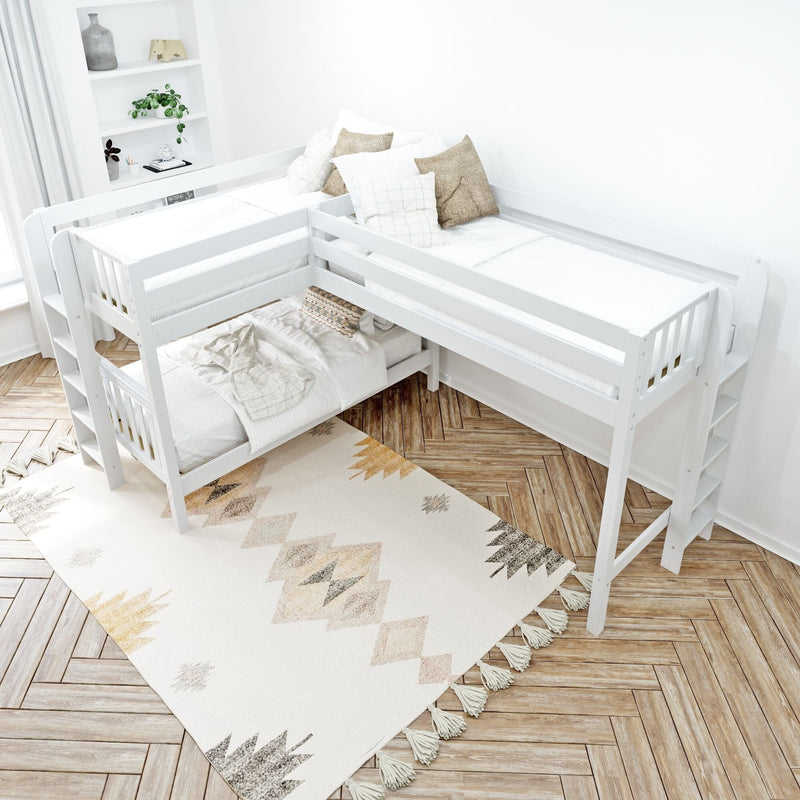 Bright minimalist children's bedroom with white wooden bunk beds, neutral bedding and pillows, patterned tassel rug, built-in shelving and herringbone wood floor