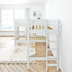 White wooden bunk bed with ladder in modern, bright kids' bedroom.