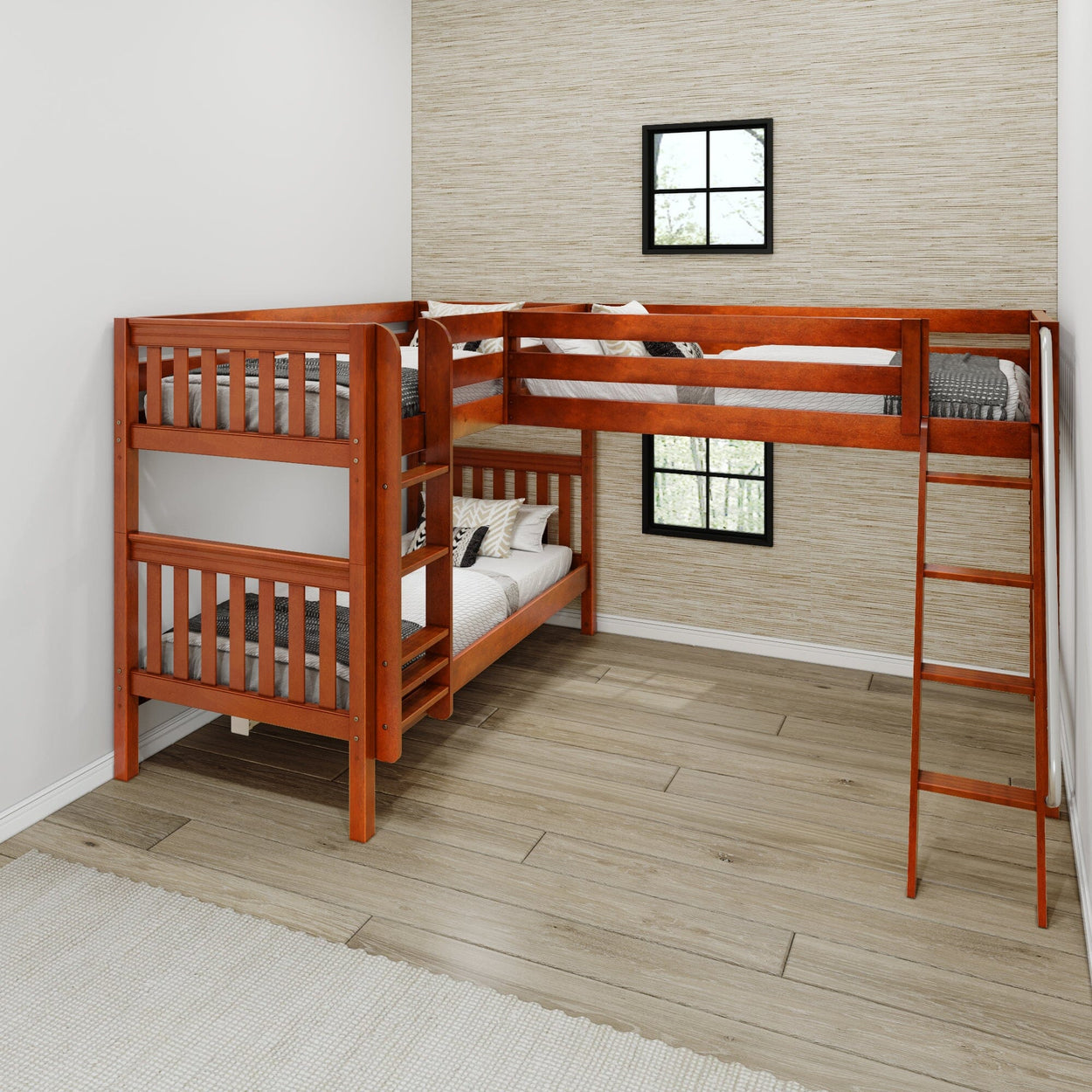 Wooden L-shaped bunk bed with ladder in modern bedroom setting.