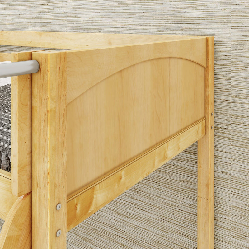 Close-up of light maple wood bed frame headboard and posts with metal guardrail against textured woven wallpaper, modern bedroom furniture detail
