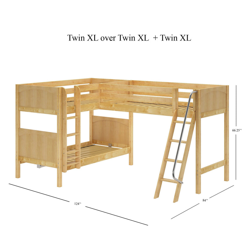 L-shaped natural wood loft bunk bed in maple finish, Twin XL over Twin XL + Twin XL configuration with ladder, safety rails and slatted mattress platforms — space-saving kids’ bedroom solution with 124″ x 84″ x 66.25″ dimensions