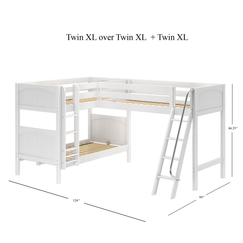 White wooden L-shaped Twin XL over Twin XL bunk bed with angled ladder, guardrails and wood slat mattress supports, 124" x 84" space-saving kids' loft bed