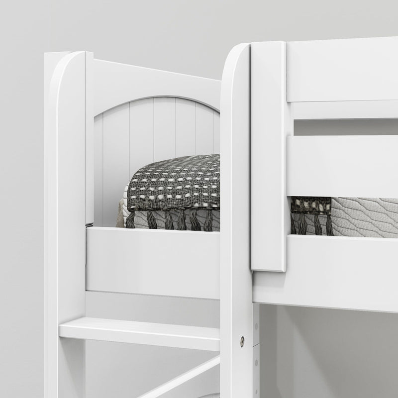 Close-up of white wooden bunk bed with ladder and safety rail, arched shiplap headboard and textured gray throw in modern kids bedroom