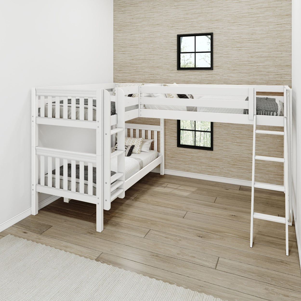 White wooden loft bunk bed in a modern bedroom, featuring ladder access and cozy bedding, with natural light streaming through the window.