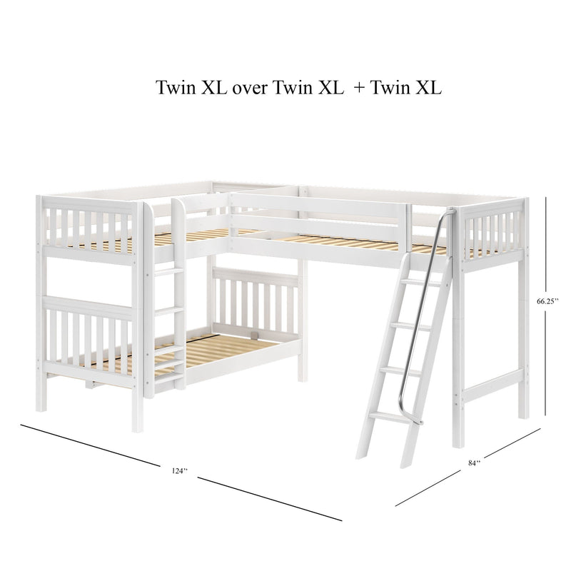 White wooden loft bunk bed in triple Twin XL configuration (Twin XL over Twin XL + Twin XL) with ladder, guardrails, slatted mattress supports, dimensions 124 x 84 x 66.25 inches
