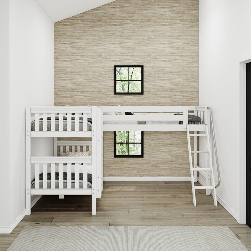 White wooden bunk beds with ladder in a modern neutral nursery, beige textured grasscloth accent wall and black-framed window