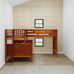 Wooden loft bed with ladder in a modern bedroom featuring two windows and a beige carpet.