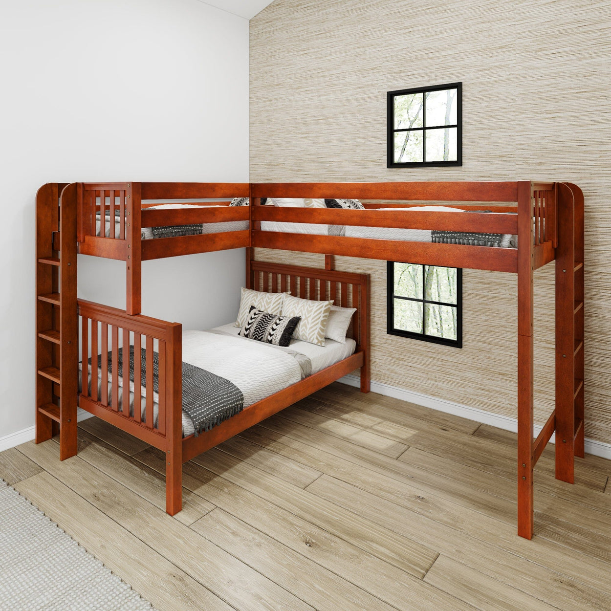 Wooden L-shaped bunk beds with ladder in modern bedroom setting.