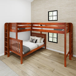 Wooden L-shaped bunk beds with ladder in modern bedroom setting.