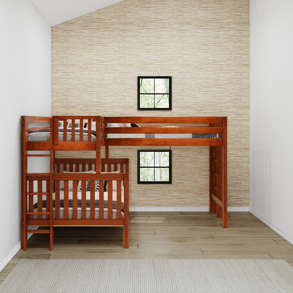 Wooden bunk bed in modern room with beige textured wallpaper and hardwood floor.