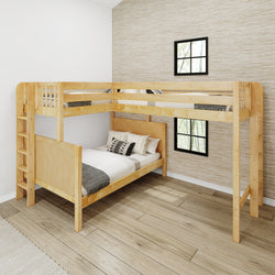 Natural wood bunk bed with ladder in a modern bedroom setting.