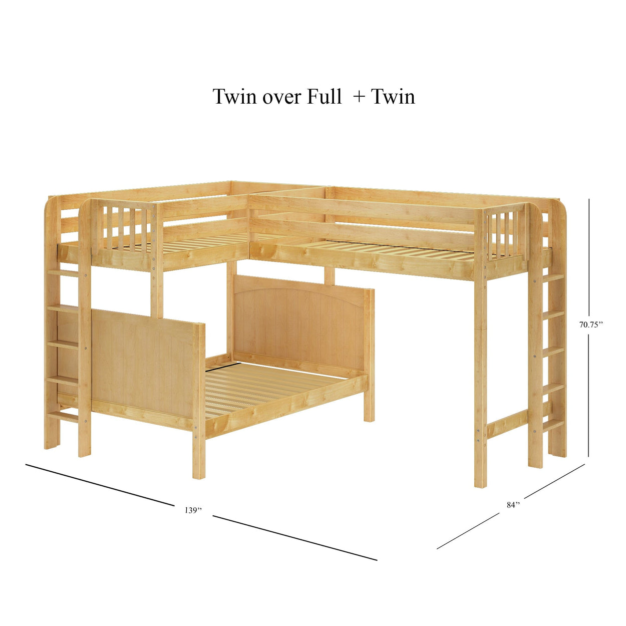 Twin over full plus twin wooden bunk bed with ladder and dimensions, ideal for maximizing space in children's bedrooms.
