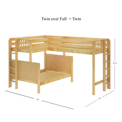 Twin over full plus twin wooden bunk bed with ladder and dimensions, ideal for maximizing space in children's bedrooms.