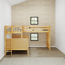 Wooden loft bed with ladder in modern minimalist bedroom design.