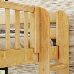 Wooden bunk bed frame with slatted ladder in a rustic room setting.