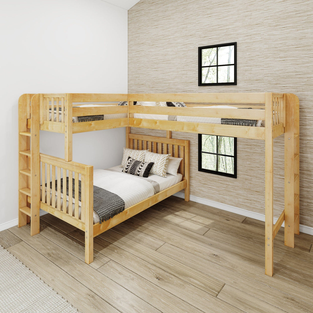 Wooden bunk bed with ladder in a modern bedroom setting, featuring natural light and beige walls.