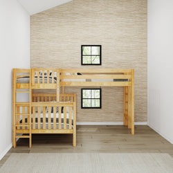 Rustic wooden bunk bed in a cozy minimalistic bedroom with wooden flooring and neutral wall decor.