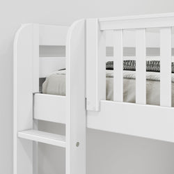 White wooden bunk bed with grey bedding, featuring a sturdy guardrail and ladder for safety.