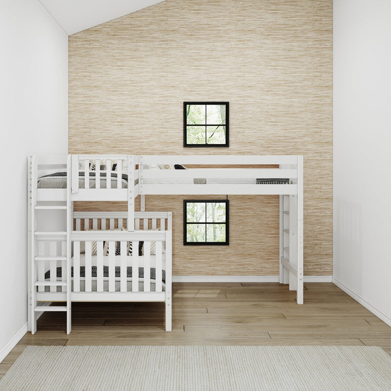 White wooden loft bunk bed with convertible crib below in a minimalist kids' bedroom featuring a beige textured accent wall, two black-framed windows and hardwood floor