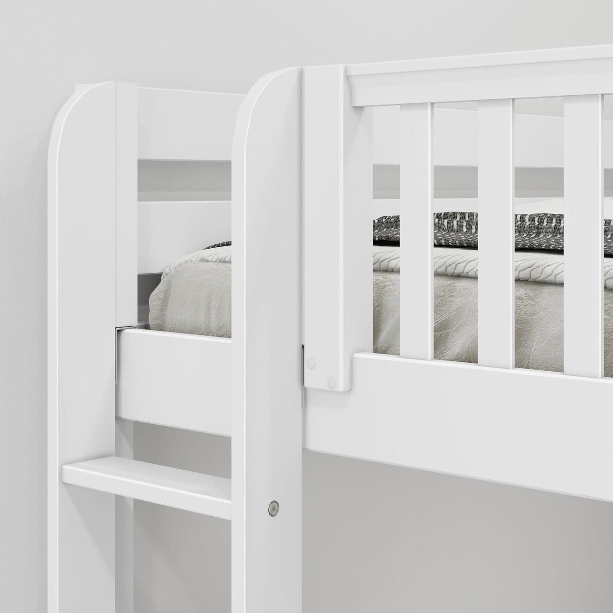 White wooden loft bed frame with cozy bedding and minimalist design.