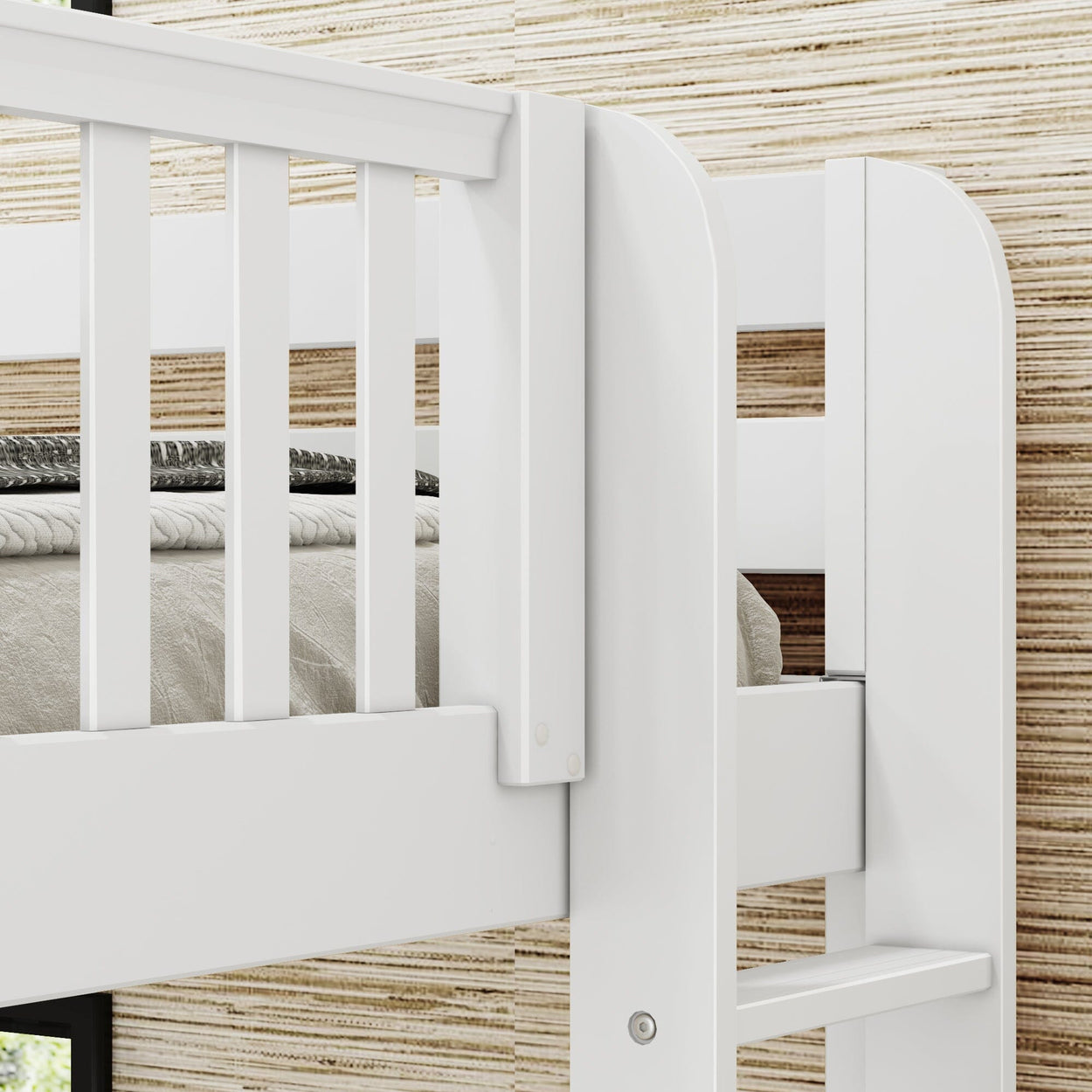 White wooden bunk bed detail against striped wallpaper background.