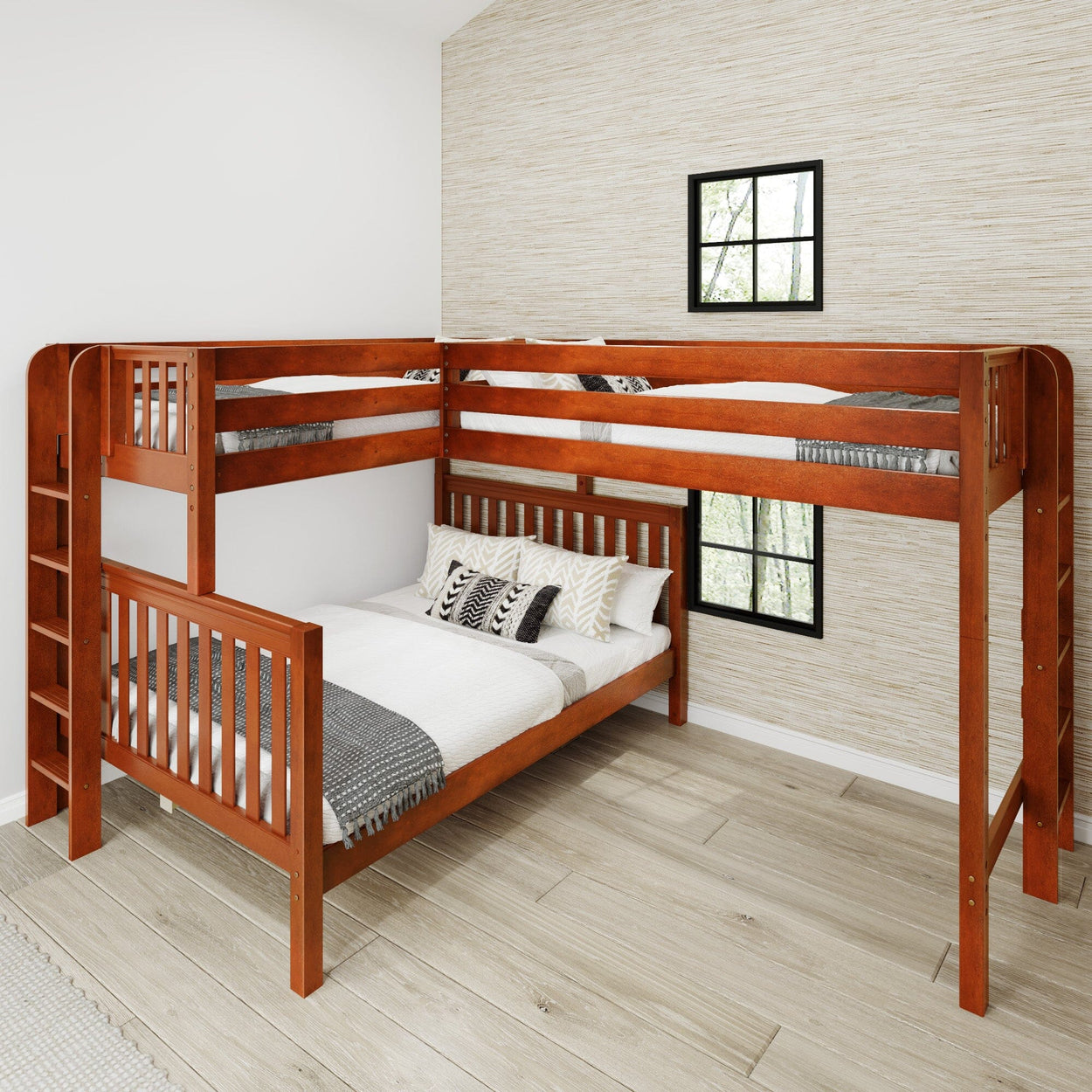 Stylish wooden L-shaped bunk bed with ladder in modern bedroom featuring decorative pillows and neutral tones.