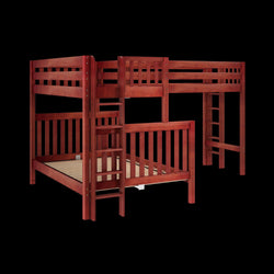 Wooden loft bunk bed frame with ladder for kids' bedroom.