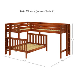 Corner bunk bed frame with Twin XL over Queen and Twin XL configuration in wood finish.