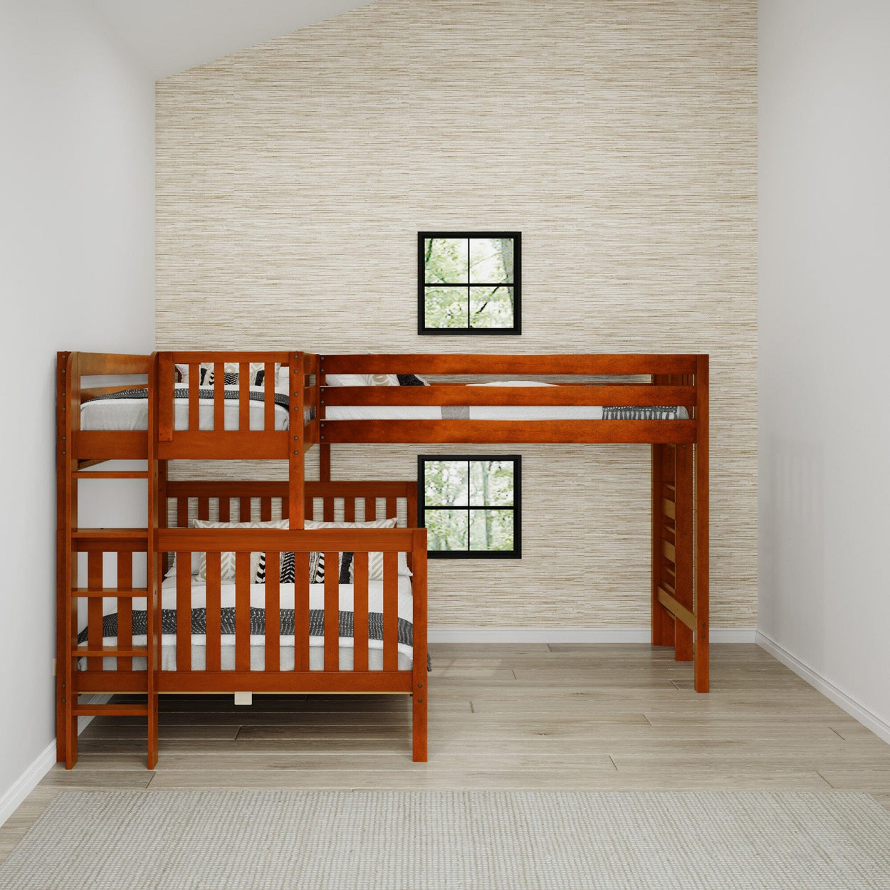 Wooden bunk bed in a modern kids' room with two windows and textured wallpaper.