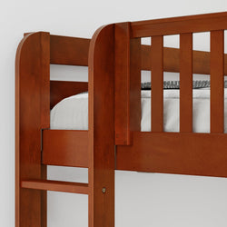 Wooden bunk bed frame with ladder and slatted design, highlighting sturdy construction and rich finish.