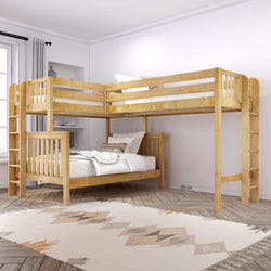 Loft bed with wooden frame and mattress in a modern bedroom setting.