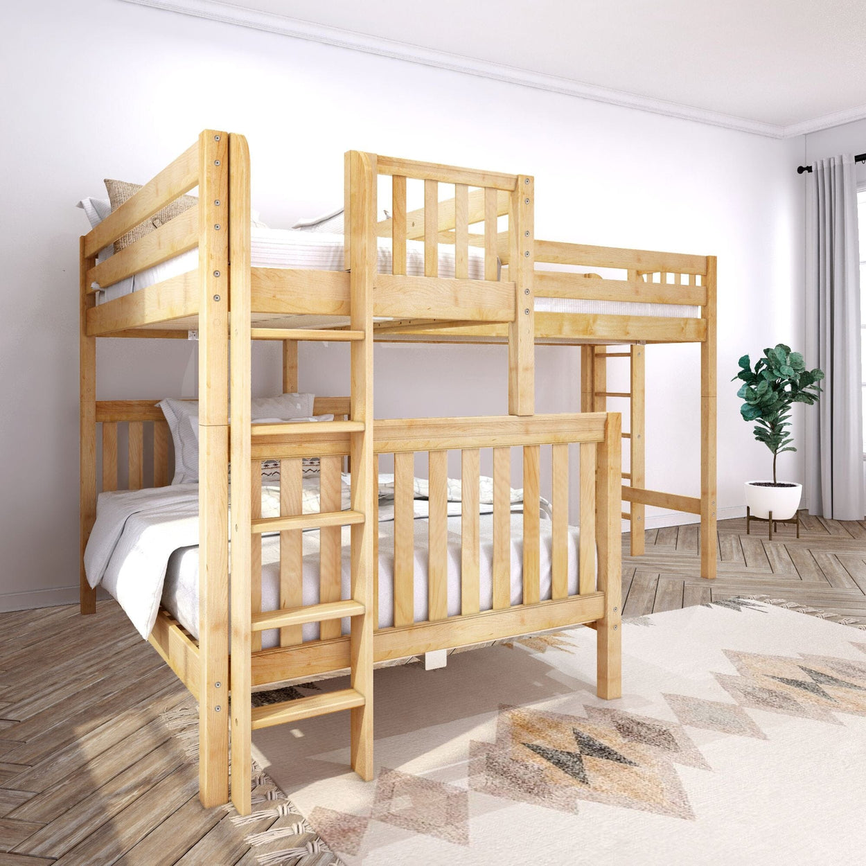 Wooden bunk bed with ladder in modern bedroom featuring natural light and white walls.