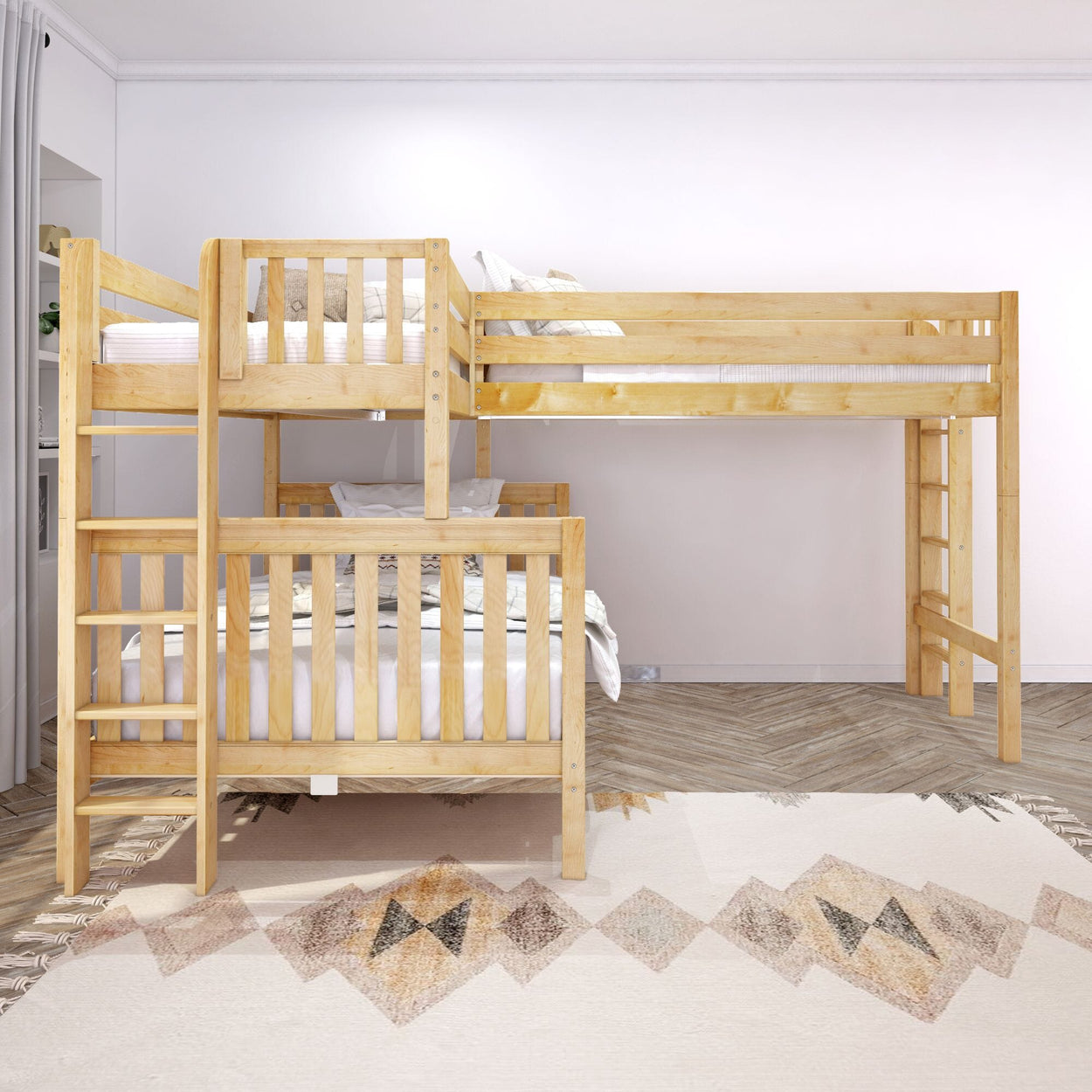 Wooden loft bunk bed with ladder in modern bedroom.