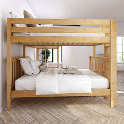 Wooden bunk bed with white bedding in a bright bedroom.
