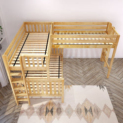L-shaped wooden bunk bed with ladder on a patterned rug.