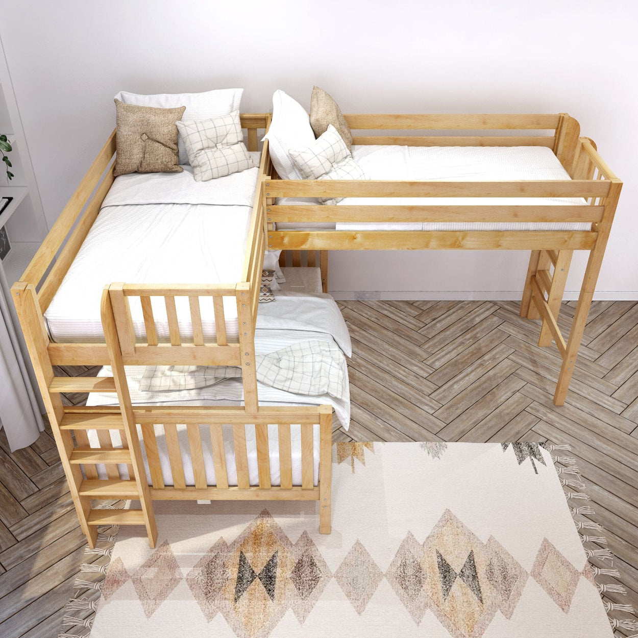 Wooden L-shaped bunk beds with white bedding and decorative pillows in a modern cozy bedroom.