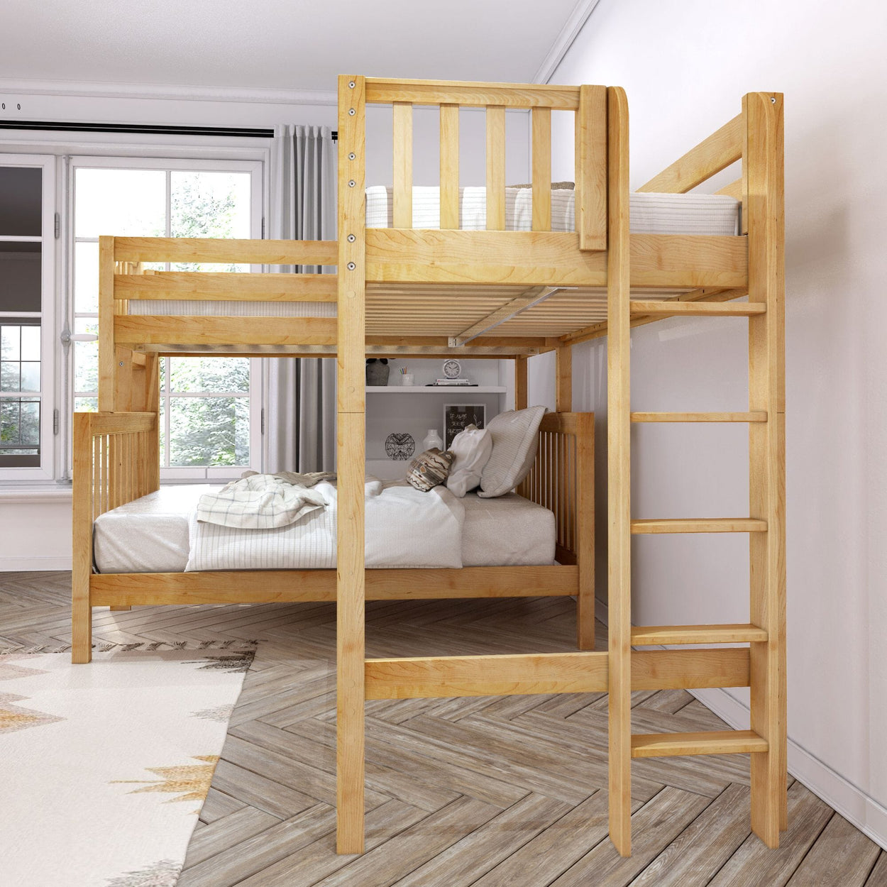 Wooden bunk bed with ladder in a modern bedroom featuring natural light and stylish decor.