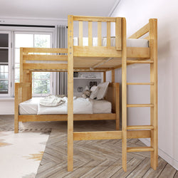 Wooden bunk bed with ladder in a modern bedroom featuring natural light and stylish decor.