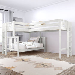 White L-shaped loft bed with lower twin bed and ladder in a modern bedroom setting.