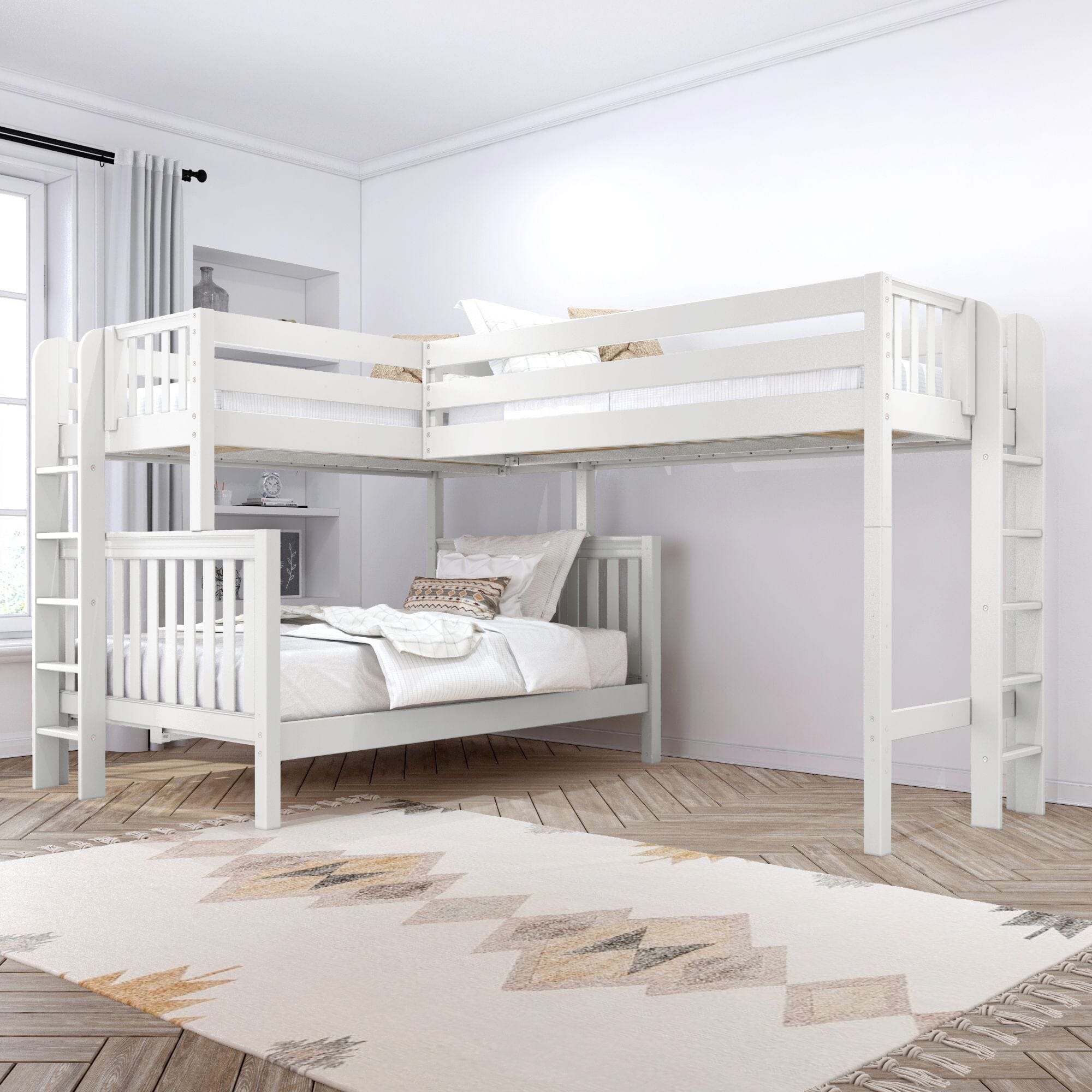 Wooden loft bed with built-in staircase in a cozy children's bedroom featuring a blue checkered rug and plush toys.