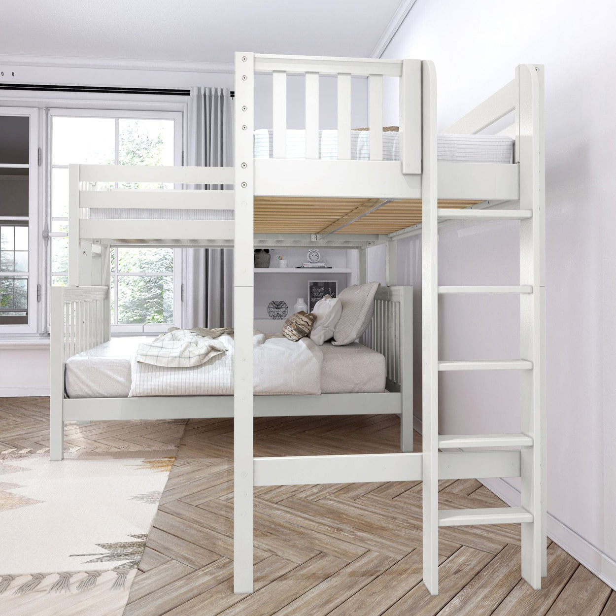 White wooden bunk bed in a bright bedroom with natural light, ladder access, and cozy bedding.