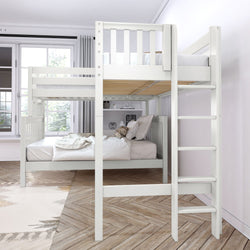 White wooden bunk bed in a bright bedroom with natural light, ladder access, and cozy bedding.