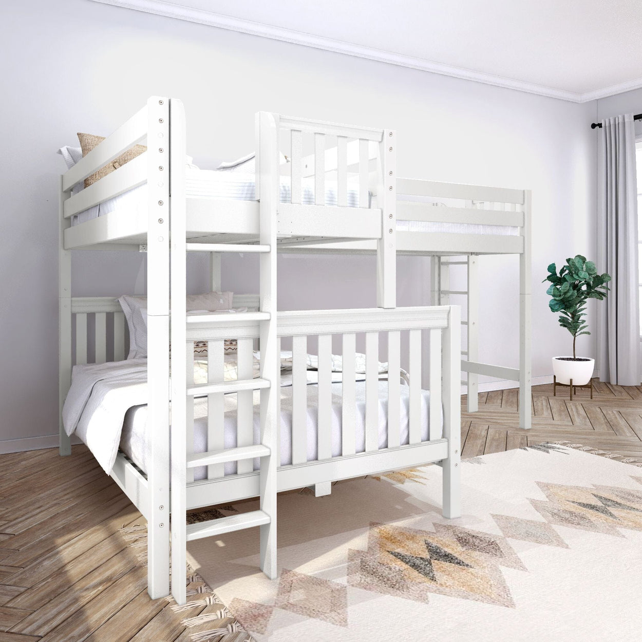 White twin over twin L-shaped bunk beds in a modern bedroom with wooden flooring and geometric rug.