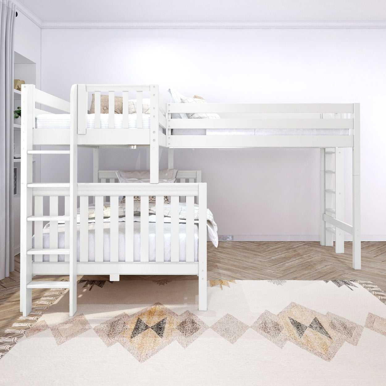 White wooden bunk bed with ladder in modern bedroom setting.