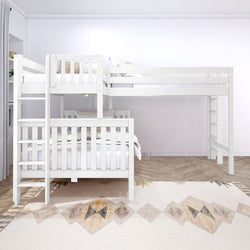 White wooden bunk bed with ladder in modern bedroom setting.
