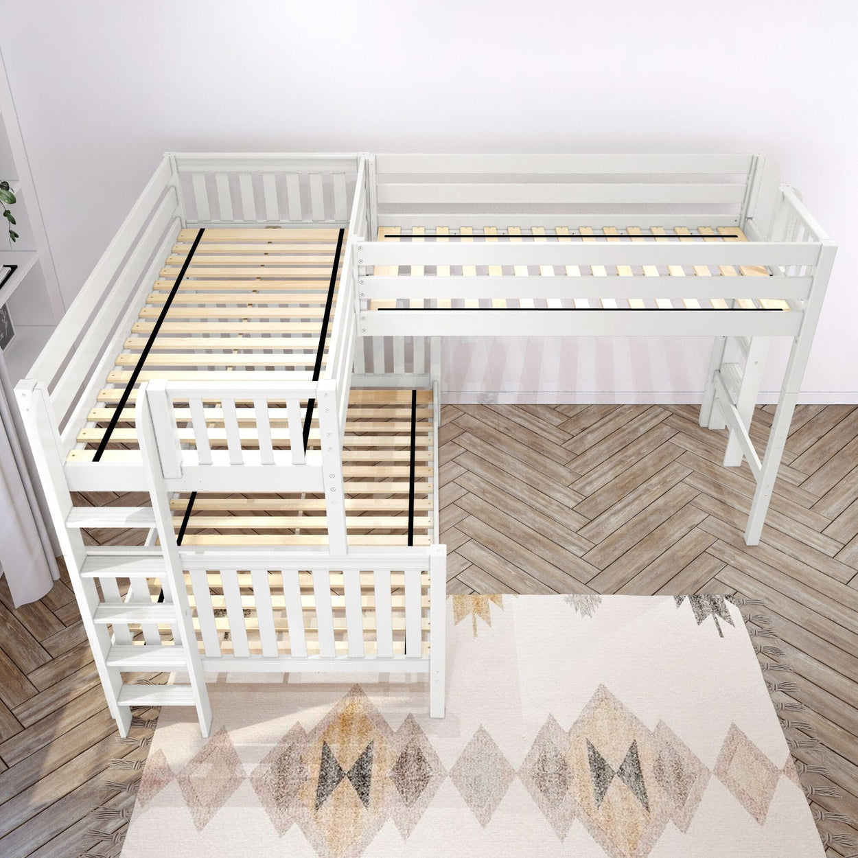 White L-shaped bunk bed with wooden slats, ladder access, and surrounding modern decor in a children's bedroom.