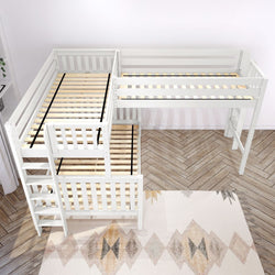 White L-shaped bunk bed with wooden slats, ladder access, and surrounding modern decor in a children's bedroom.