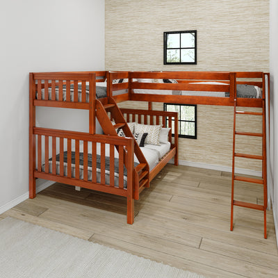 Stylish wooden triple bunk bed with ladder and safety rails in modern bedroom setting.