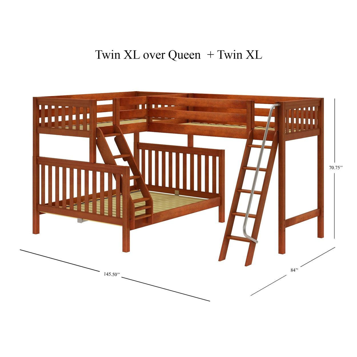 Twin XL over Queen plus Twin XL wooden bunk bed with ladder and safety rails, dimensions 145.50 x 84 x 70.75 inches.
