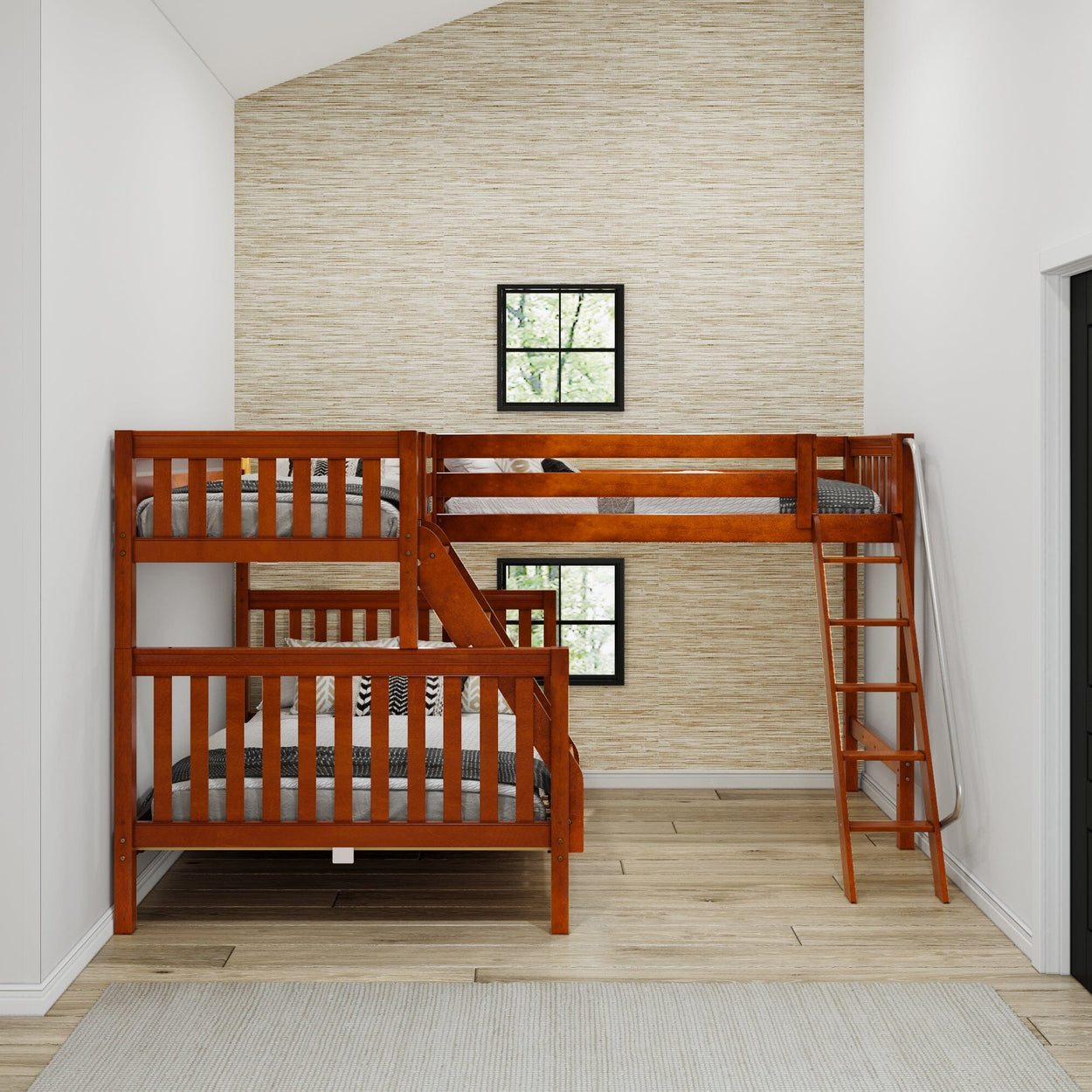 Wooden L-shaped bunk bed in a modern bedroom with two small windows.